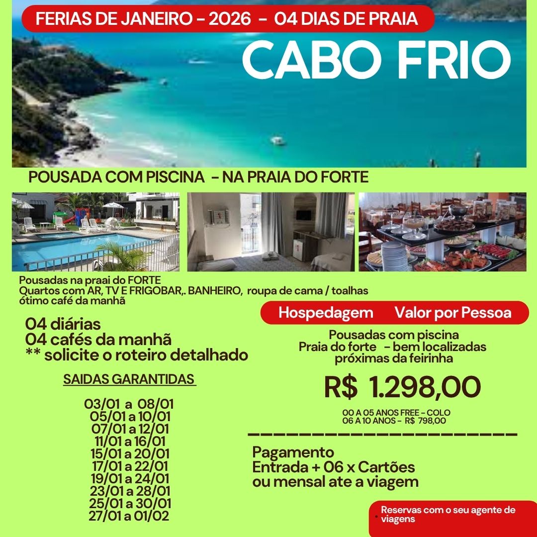 CABO FRIO  - FERIAS DE JANEIRO 2026   - VARIAS SAIDAS 